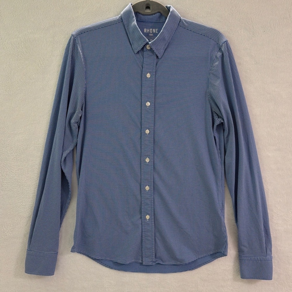Rhone Commuter Shirt Mens Small Blue White Micro Check Long Sleeve Stretch Tech